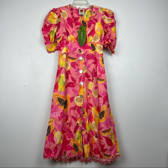 FARM Rio Pink Papaya Salad Linen Printed Puff Sleeve Dress - Size Small - Picture 3 of 9